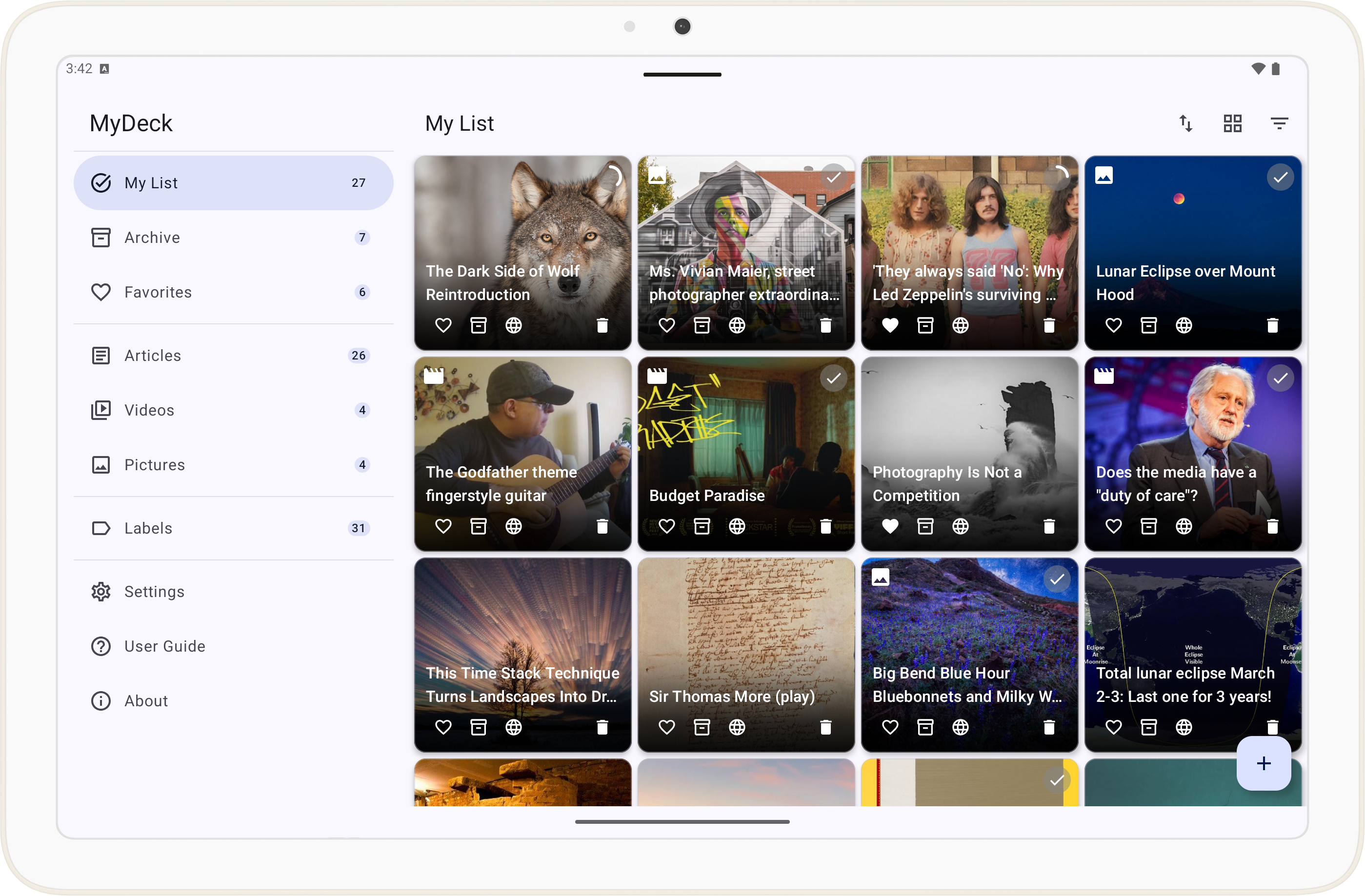 MyDeck tablet in landscape showing nav drawer and grid view