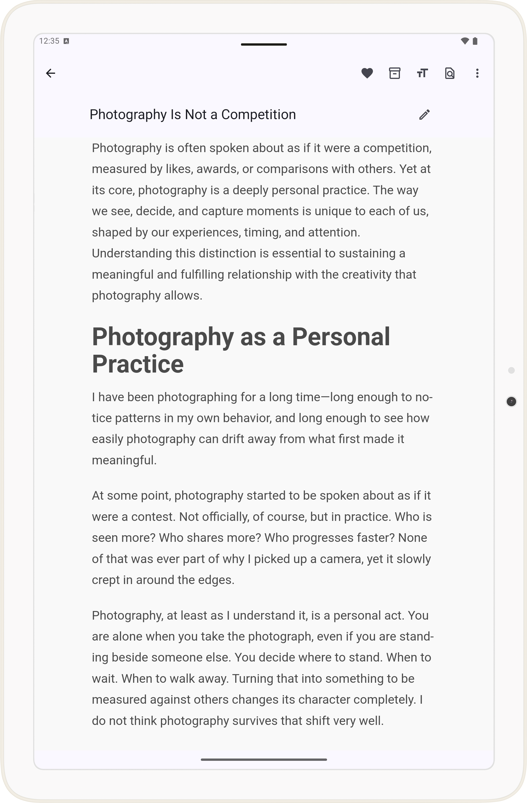 MyDeck tablet article reader showing clean reading view