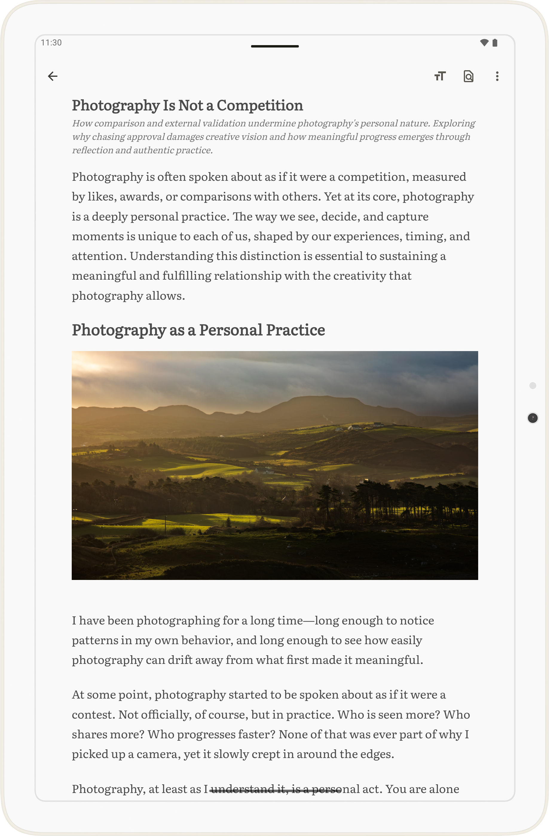 MyDeck tablet article reader showing clean reading view