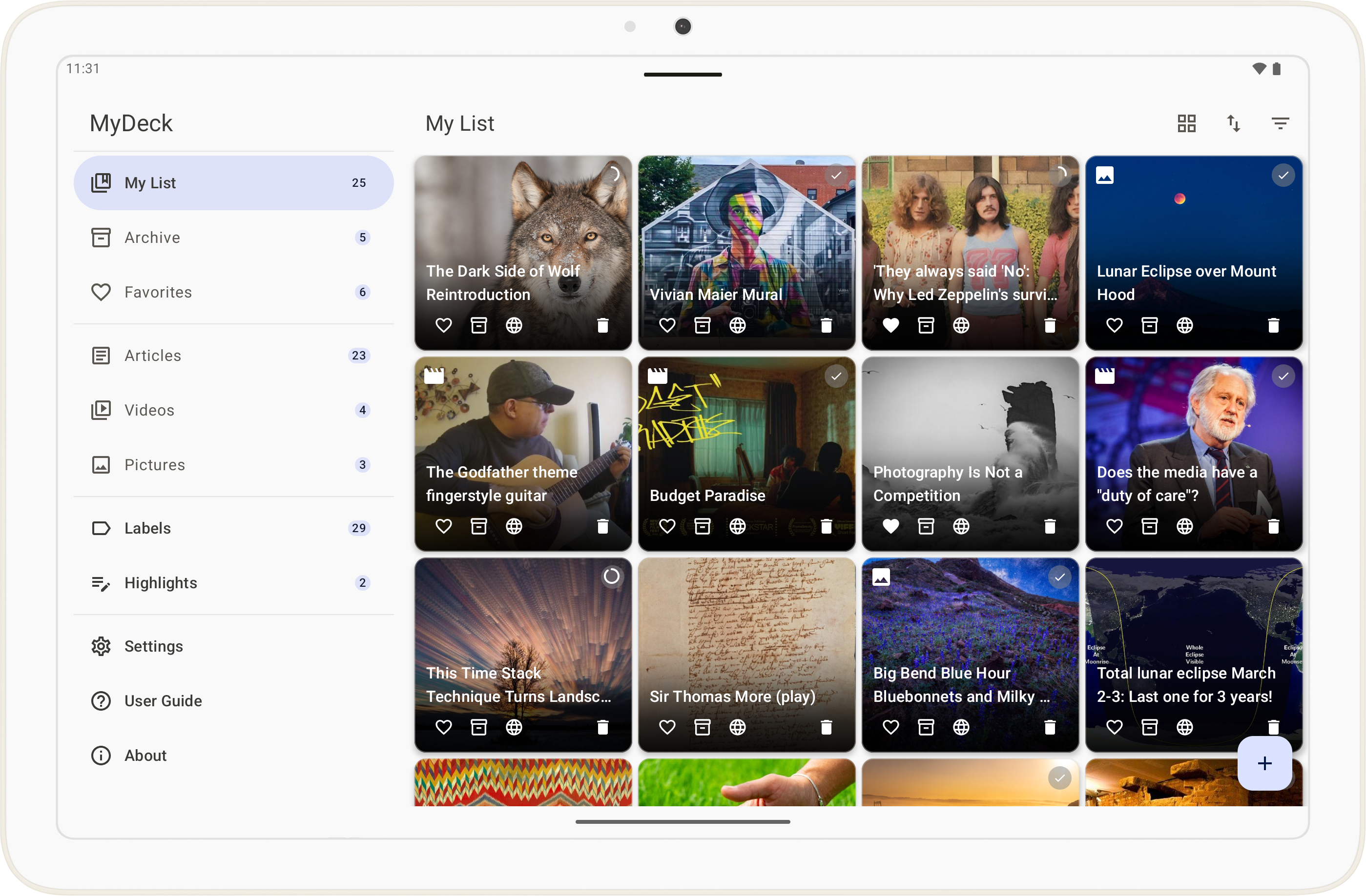 MyDeck tablet in landscape showing nav drawer and grid view